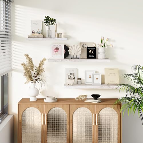 Flat Edge Elm Wood Floating Shelf with Invisible Bracket 36”Weathered White - color: Weathered White, size: 36”,set of 2