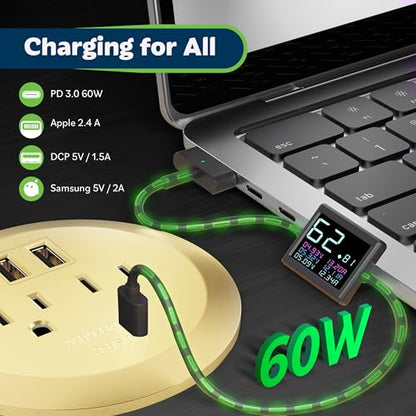 TOPGREENER GaN Desk Grommet with 65W PD for MacBook, Desktop Power Grommet with 1 Fast Charging USB-C Port, 2 USB-A Ports and Duplex Receptacles, TTRP48APD60-GD, Gold - color: Gold