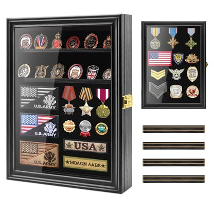 Military Challenge Coin Display Shadow Box Holds Up to 70 Coins, Lockable Wall-Mounted Cabinet for Medals, Pins, Patches & Ribbons, Removable Shelves, Pinnable Velvet Backing, UV Acrylic Door(Black) - size: L-5 Rows