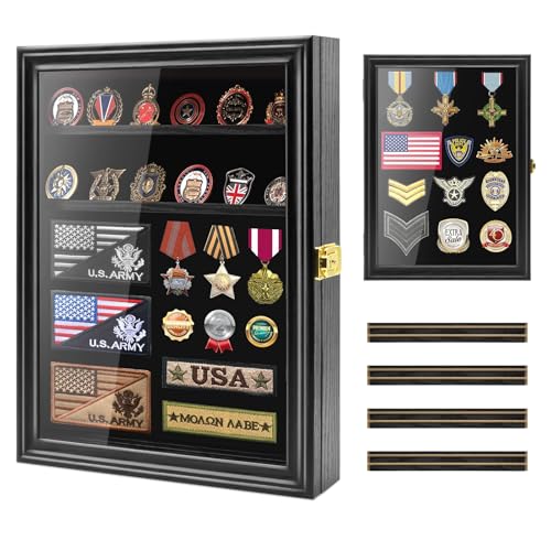 Military Challenge Coin Display Shadow Box Holds Up to 70 Coins, Lockable Wall-Mounted Cabinet for Medals, Pins, Patches & Ribbons, Removable Shelves, Pinnable Velvet Backing, UV Acrylic Door(Black) - size: L-5 Rows