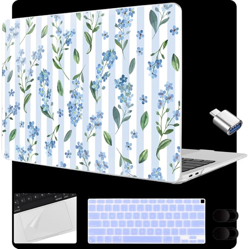 MEEgoodo for MacBook Air 13.3 inch Case 2021 2020 2019 2018 A2337 M1 A2179 A1932, Shell for MacBook Air M1 with Keyboard Webcam Cover & Trackpad Film & Type C Adapter, Blue Watercolor Flowers&Stripes - color: Blue Watercolor Flowers&Stripes