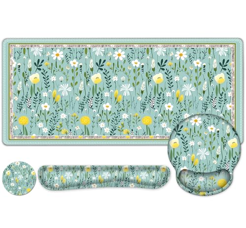 Floral Desk Mat, 4in1 Large Mouse Pad with Wrist Rest, Desk Matt for Desktop, Desk Pad Mat, Anti-Slip XXL Computer Ergonomic Mousepad with Wrist Support for Keyboard and Mouse I Green Elegant Flowers - color: Elegant Flowers