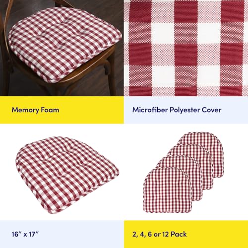Sweet Home Collection Chair Cushion Memory Foam Pads Tufted Slip Non Skid Rubber Back U-Shaped 17" x 16" Seat Cover, 4 Count (Pack of 1), Checkered Wine/White - color: Checkered Wine/White, size: 4 Pack, style: Foam Pads