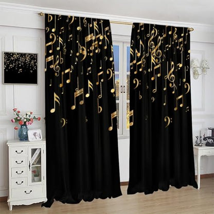 Musical Notes Curtains, Golden Music Note Print Black Background Modern Art Window Treatments Drapes for Living Room Bedroom Kitchen Home 42" W X 45" L(No Blackout) - color: Musical-10, size: 20.5"W x 45"L (Pack of 2)