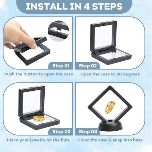 12Pcs 3D Floating Display Case Jewelry Storage Box, 2.7in Black | Clear Film, Plastic Frame, Challenge Coin Holder, For Shark Tooth Fossil Rock Gem Shell Butterfly Specimen - size: 2.7×2.7×0.8 inches