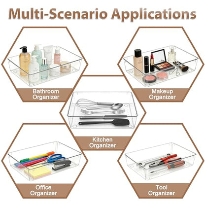 7Pack Desk Drawer Organizers, 6"*9" makeup acrylic drawer organizer trays for vanity, bathroom, office, nightstand, junk for kitchen drawer, Versatile plastic drawer divider storage bins