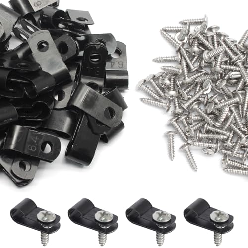 50 Pcs 1/4 Inch Black Nylon Screw Mounting R-type Cable Clip Wire Clamp, 6.4mm Cable Clip Wire Clamp for Wire Management, Stainless Steel Screws Included - color: 50 Pcs Black, size: 1/4