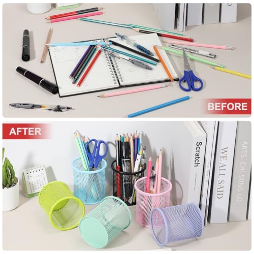 uxcell 2Pcs Mesh Pencil Holder, Metal Pen Cup Desk Organizer Makeup Brush Cup Holder for Home, Office, Classroom(Light Blue) - color: Light Blue