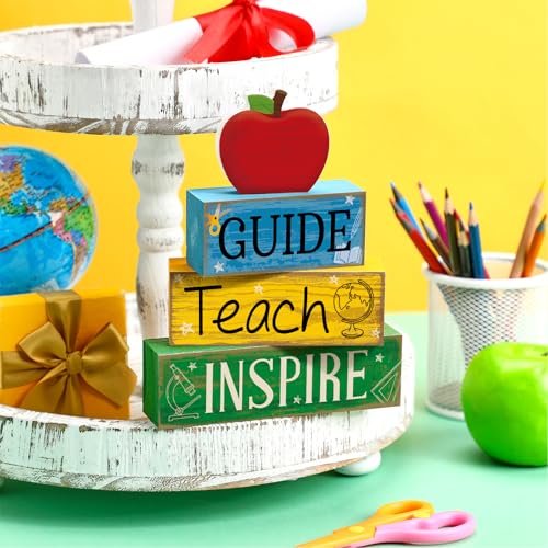 Yuntau 4 Pcs Back to School Gift Wooden Apple Table Decor Teacher Appreciation Gift Apple Tiered Tray Decor Guide Teach Inspire Block Sign First Day of School Gifts for Teachers Office Classroom - style: Apple