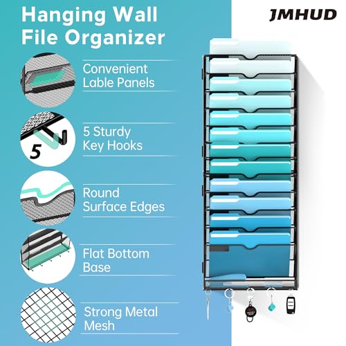 13 Tier Wall File Organizer - Hanging File Organizer with 5 Hooks, Mail Holder Wall Mounted for Papers, Folders, Magazines, Bills, Office&School Organization, Black - color: Black, size: 13 Tier
