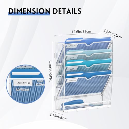5 Tier Wall File Organizer - Hanging File Organizer with 5 Hooks, Mail Holder Wall Mounted for Papers, Folders, Magazines, Bills, Office&School Organization, White - color: White, size: 5 Tier