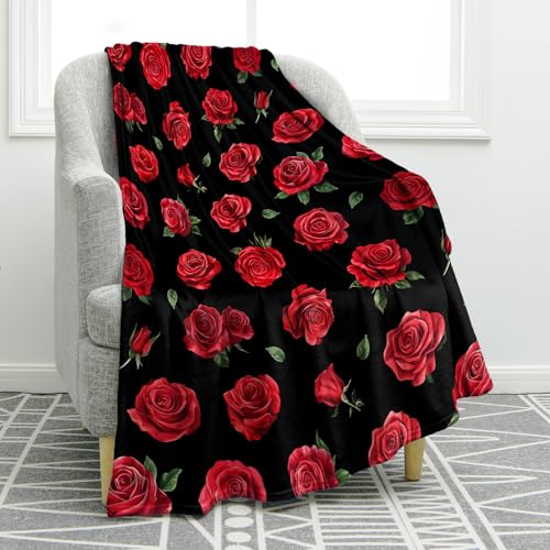 Jekeno Rose Flowers Floral Blanket Gifts for Women Kids Girls Mom Wife Boyfriend Girlfriend Husband Birthday Christmas Halloween Easter Wedding Anniversary Decor Home Bedroom Throw Blanket 60"x80" - color: Black Red Green, size: 60"x80"