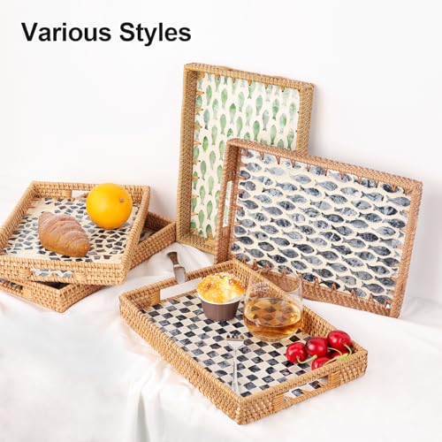 Rectangle Rattan Tray with Mother of Pearl Inlay, Rattan Serving Tray with Handle for Coffee, Bread, Fruits, Snacks, Decorative Wicker Tray for Table Decor (Black Checkerboard, 13"×9") - color: Black Checkerboard