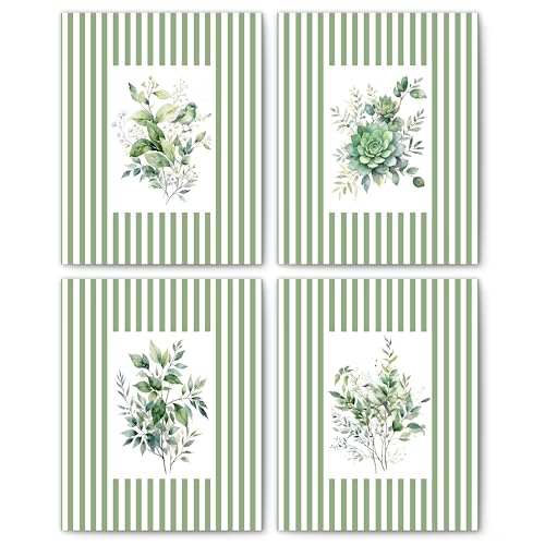 FITIE Sage Green and White Striped Succulent Floral Botanical Wall Art Posters Set of 4, Plant Room Home Decor, Fresh Natural Leaves Bird Canvas Prints Artwork Wall Decor, 8x10 Unframed - color: Home Wall Art 10