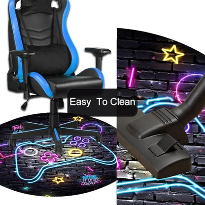 Blue Purple Gaming Chair Mat for Hardwood Floor Anti-Slip, Brick Wall Neon Graffiti Gamer Round Office Computer Carpet for Teen Bedroom Decor, Office Gaming Room, Round 47"