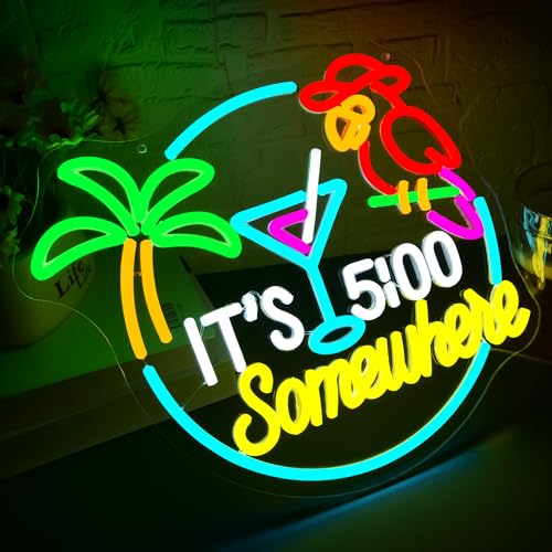Its 5 Oclock Somewhere Neon Sign for Wall Decor Dimmable Parrot LED Light Home Beer Bar Decor Palm Tree Sun Beach Neon Signs for Man Cave Garage Party Hotel Gifts for Men Size 13.1 * 13in(GLNP168) - color: Parrot