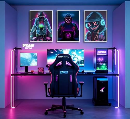 JWDXNOOK 3Pcs Game Room Canvas Print Wall Art Unframed 16x24 Inches | Cyberpunk Trendy Poster Cool Atmosphere Wall Decor Futuristic Neon Light Art Print Gift for Gamers & Electronic Music Lovers - color: Black Blue Purple, size: 16 in x 24 in