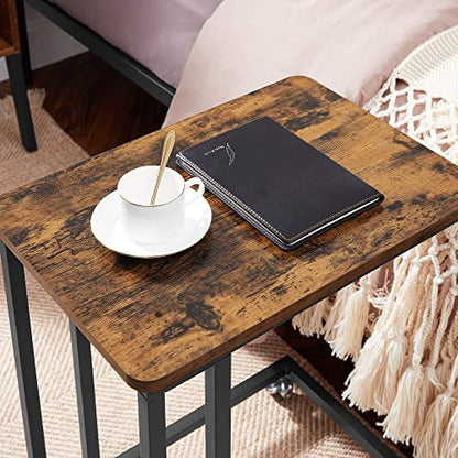 VASAGLE End Table, C Shaped TV Tray with Metal Frame Rolling Casters, Industrial Side Table for Living Room Bedroom, 19.7 x 13.8 x 23.6 Inches, Rustic Brown and Black - color: Rustic Brown + Black, size: 19.7"W x 21.7"H, style: With Wheels