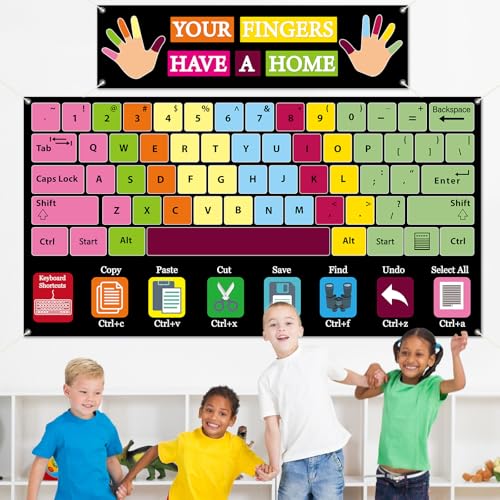 2Pcs Computer Keyboard Backdrop Keyboard Shortcuts Hanging Banner Computer Lab Wall Art Educational Technology Background for Back to School Classroom Decor Elementary Middle School Teacher Supplies