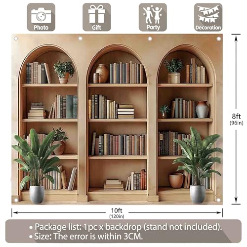 10x8ft Fabric Arched Bookshelf Backdrop School Library Books Modern Office Plants Video Conference Photography Background Indoor Decorations Photo Banner Props - size: 10'x8'