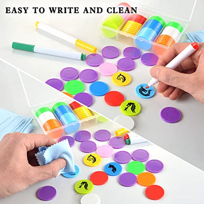 DLUGOPIS 100 Pcs 1 Inch Dry Erase Tokens Game Tokens Set Dry Erase with A Storage Box and 4 Wipes Reusable Game Discs for Tabletop Games DIY Plastic Counters Chips 1 Inch - size: 1 Inch