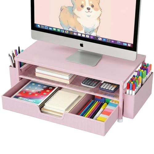 ECOLOVI Desk Organizer and Accessories, 2-Tier Computer Monitor Stand Rise with Storage Drawer & 2 Pen Holders, Laptop & Printer Stand for Desktop, Workspace Organizers for Office Supplies (Pink) - color: Pink