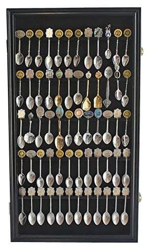 DisplayGifts 60 Souvenir Spoon Tea Spoon Display Case Rack Holder Wall Cabinet Frame, UV Protection, Lockable Door (Black Finish) - color: Black Finish