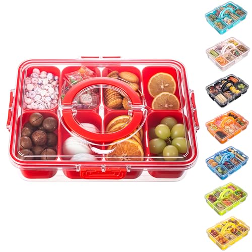 Dingerjar Divided Serving Tray with Lid and Handle - Snackle Box Charcuterie Container for Portable Snack Platters Organizer for Candy, Fruits, Nuts, Snacks - Perfect for Party, Entertaining, Red - color: Red