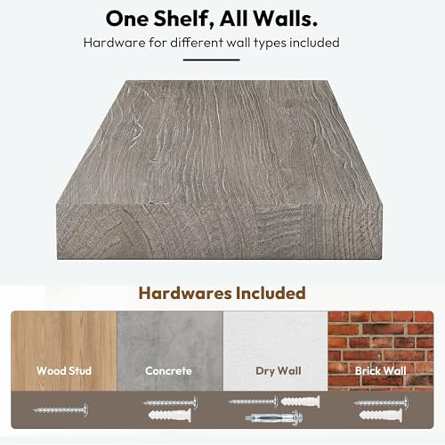 Vivelove Flat Edge Elm Wood Floating Shelf with Invisible Bracket 48”Grey - color: Grey, size: 48”,set of 1