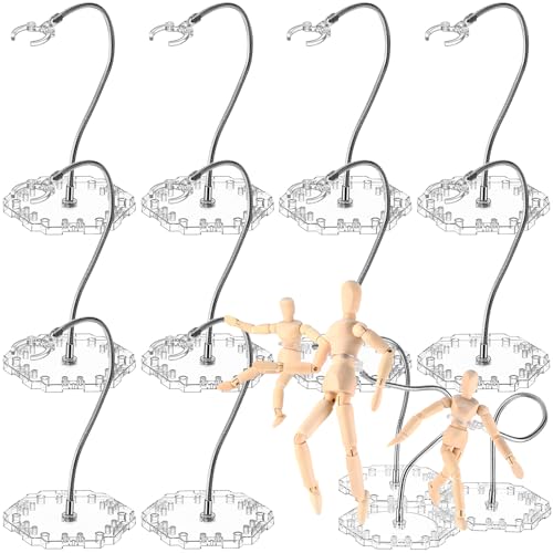 Wonderjune 12 Pcs Action Figure Stands for 8 to 12 Inches Dolls Flexible Assembled Action Figure Display Holder with Adjustable Metal Support Arm Figure Stands Base Compatible with HG/RG 1/144 Toy - color: Clear