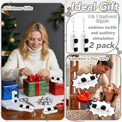 2 PCS 4-in-1 Keyboard Fidget Toy Keychain, Finger Clicky Button Toy Stress Relief Keychain with Swappable Keycaps, Mini Mechanical Key Fidget for Office Desk Focus Gifts (Black White) - color: Black White