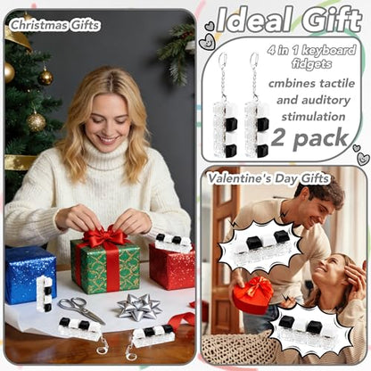2 PCS 4-in-1 Keyboard Fidget Toy Keychain, Finger Clicky Button Toy Stress Relief Keychain with Swappable Keycaps, Mini Mechanical Key Fidget for Office Desk Focus Gifts (Black White) - color: Black White