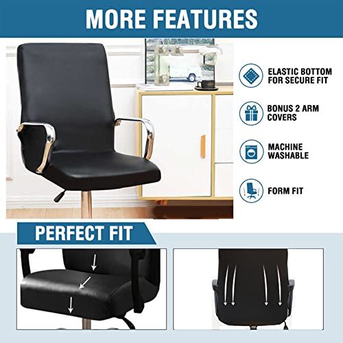 Shukii Waterproof Office Chair Cover with Arms Cover PU Leather Computer Desk Seat Covers Stretchable Chair Slipcover Universal for Rotating Boss Chair Meeting Room - color: Black, size: Large