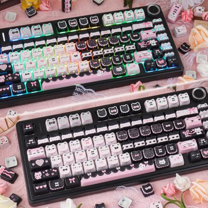 PBT Keycaps - Side Print Cat Keycaps, 113 Keys Shine Through Dye-Sub Cute Keycap, Mao Profile Custom Keycap for 60 65 75 100 Percent Cherry MX Mechanical Keyboard - color: Black Pink Meow