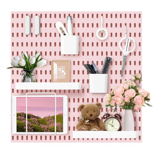 VUSIGN Pegboard Combination Wall Organizer Kit, 4 Pieces Pegboards and 17 Accessories Modular Hanging, Wall Mount Display Peg Board Panel Kits for Bedroom, Home, Office, Bathroom, 22" x 22", Pink - color: Pink2 - 4 Pieces