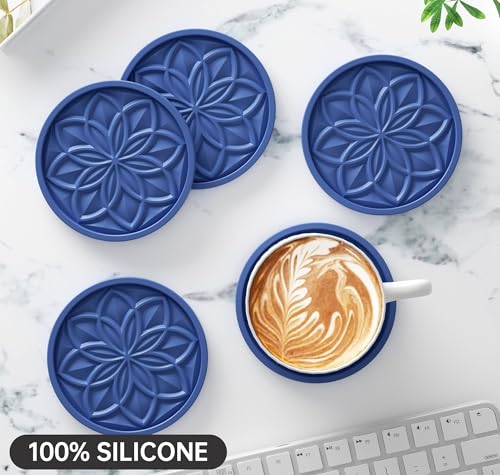 HFHOME Silicone Coasters Set With Holder - 6 Pack for Drinks, Coffee Table, Cup Mat, Desk, Bar - Tabletop Protection Gift - Navy Blue - color: Navy Blue