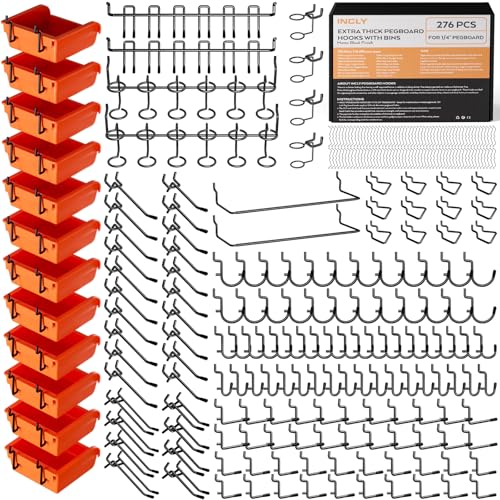 INCLY 276PCS Extra Thick Pegboard Accessories Organizer Kit for 1/4 Inch Pegboard, Heavy Duty Black Peg Board Hook Assortment with Bins, Paper Towel Holder for Hanging Storage, Garage Wall Attachments - size: 276PCS