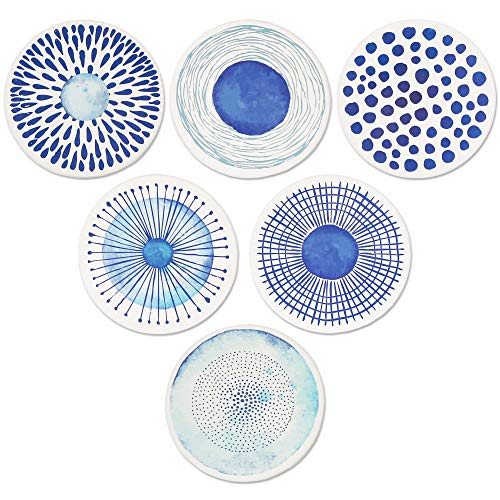 AD Set of 6 Coasters for Drinks Absorbing Round Ceramic Stone Coaster with Cork Base,Tabletop Protection Mat for Mugs and Cups,Office,Kitchen (Blue Watercolor with Holder) - color: Blue Watercolor