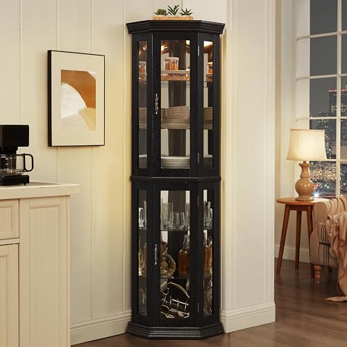 70" Lighted Corner Curio Cabinet,Inside Mirror Corner Glass Display Case with Tempered Glass Door for Living Room, Antique Collectibles, Wine & Bar Glass Storage, Lights Included - color: Black, size: Style-A