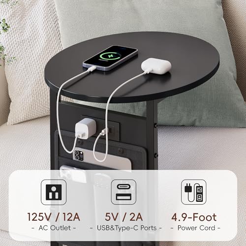 Vagusicc C Shaped End Table with Charging Station, 32" Tall Side Table for Couch and Recliner, Adjustable Height Small Couch Side Table Slide Under Sofa TV Tray Table for Living Room, Bedroom, Black - color: Black, style: Charging Station