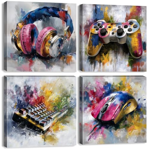 Graffiti Gaming Wall Art Abstract Gamer Wall Decor Playroom Video Game Controller Headphones Pictures Canvas Prints Street Pop Painting Cool Artwork Teen Boys Cave Bedroom Home Decoration 12x12” 4P - color: Field044P, size: 12x12in