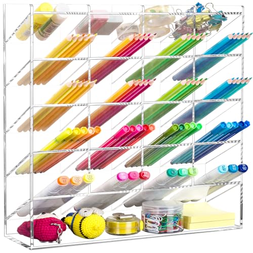 BEYGORM Acrylic Vertical Marker Organizer for 250 Markers with 21 Compartments, Clear Angled Pen & Pencil Holder, Large Desk Stationery & Art Supply Storage for Office & School (13 x 12.5 x 4 Inch) - color: Clear, size: For 250 Markers