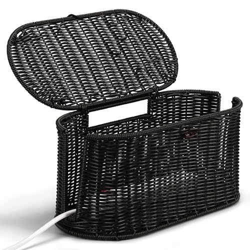 Handwoven Rattan Style Cable Management Box, Cord Organizer with Outlet Covers, Cord Hider Box for Power Strips, Cable Tidy Box for Desk, Floor and Home Organization