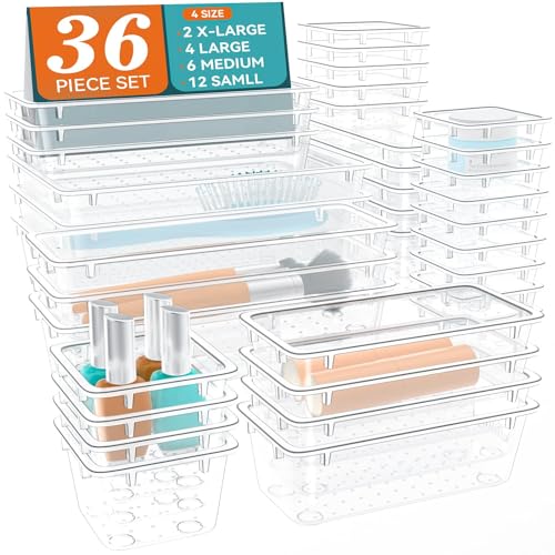 ElegantArray 36 PCS Drawer Organizer Set, 4 Sizes Tool Storage Trays, Clear Plastic Makeup Vanity Organizer and Storage Bins for Makeup, Stationeries, Multiple Gadgets for Bathroom, Office, Bedroom - color: Milky, size: 36 PCS