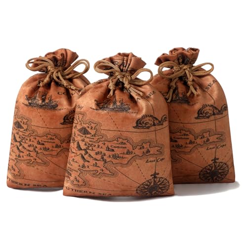RICHNESS 16pcs Pirate Party Favor Bags Treasure Map Bag with Drawstring Closure Satin Party Loot Bags 4.5X6 Inches Goodie Bags - color: Brown