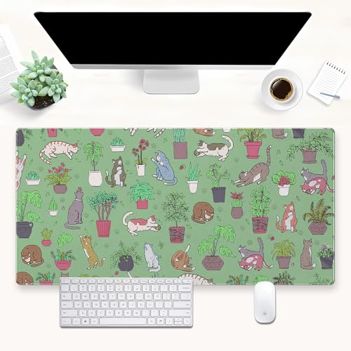 Extended Gaming Mouse Pad XL, Cute Cat Sage Green Desk Mat 31.5x15.7 | Charming large desk pad with a playful cats and potted plants print. Perfect for cozy, kawaii workspace setups. - color: Green Plants and Cats