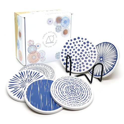 AD Set of 6 Coasters for Drinks Absorbing Round Ceramic Stone Coaster with Cork Base,Tabletop Protection Mat for Mugs and Cups,Office,Kitchen (Doris 2 with Holder) - color: Doris 2 With Holder