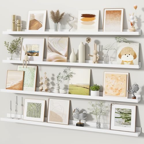 Fun Memories Picture Ledge Shelves Set of 4, 48 Inch Rustic Wall Mounted Floating Shelves with Lip for Home Storage and Décor in Bathroom, Kitchen, Nursery, Bedroom, Living Room, White - color: White, size: 48 inch, Set of 4