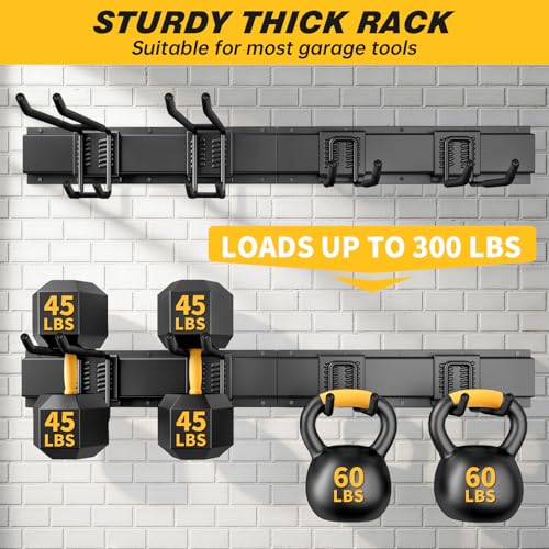 UUP 32 Inches Garage Storage, Garage Organization, Wall Mount Garden Tool Organizer, Max 300lbs Adjustable Metal Hooks, Yard Shed Hanging Rack, Heavy Duty Shelving for Rake Broom Mop Snowboard - size: 32" Alloy Steel with 2 Panels & 4 Hooks