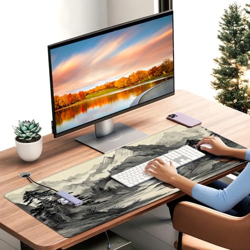 35.4 x 15.7 Inches Chinese Ink Painting Mountain Landscape Gaming Mouse Pad, XXLExtended Desk Mat with Non-Slip Rubber Base - color: With Chinese Ink Painting Mountain Landscape Design